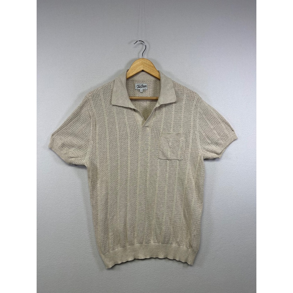 Grandpa Core Tie Bar Mens Medium Beige Pointelle Knit Short Sleeve Polo Shirt